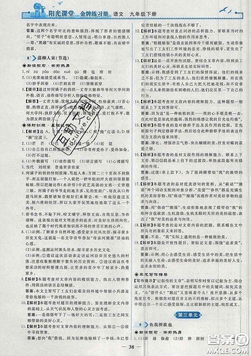 2020新版阳光课堂金牌练习册九年级语文下册人教版答案 2020新版阳光课堂金牌练习册九年级语文下册人教版答案