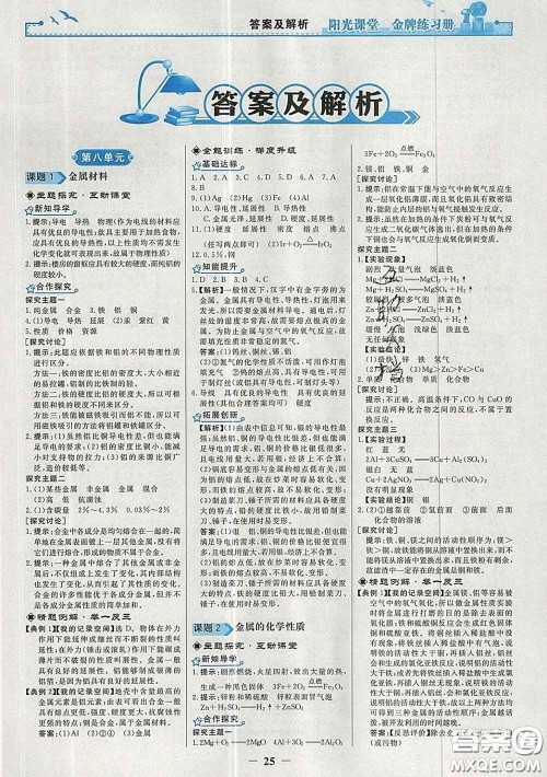 2020新版阳光课堂金牌练习册九年级化学下册人教版答案 2020新版阳光课堂金牌练习册九年级化学下册人教版答案