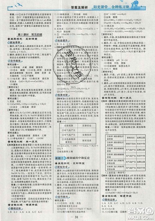 2020新版阳光课堂金牌练习册九年级化学下册人教版答案 2020新版阳光课堂金牌练习册九年级化学下册人教版答案