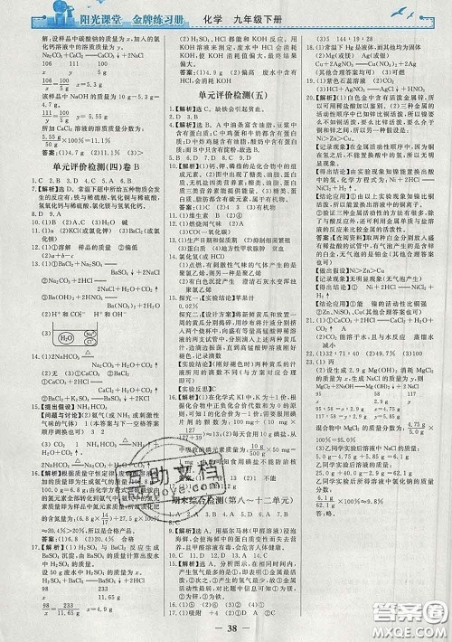2020新版阳光课堂金牌练习册九年级化学下册人教版答案 2020新版阳光课堂金牌练习册九年级化学下册人教版答案