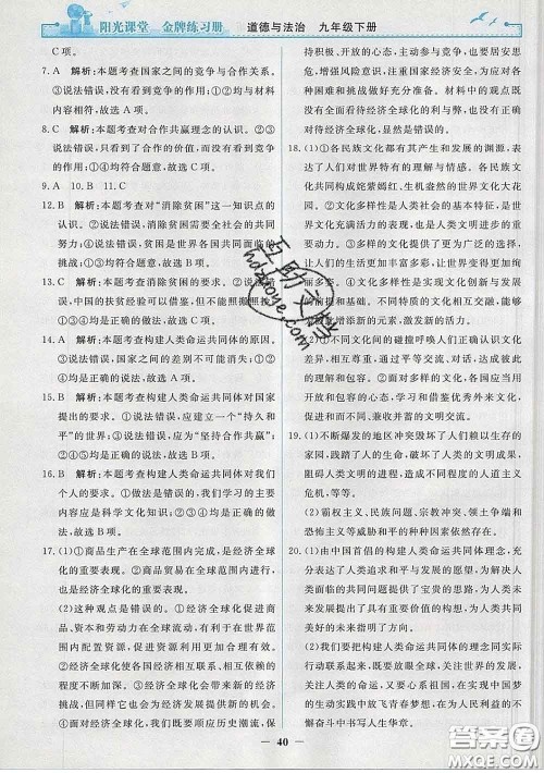 2020新版阳光课堂金牌练习册九年级道德与法治下册人教版答案 2020新版阳光课堂金牌练习册九年级道德与法治下册人教版答案