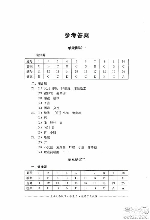 四川教育出版社2020课程标准初中单元测试生物七年级下册人教版答案