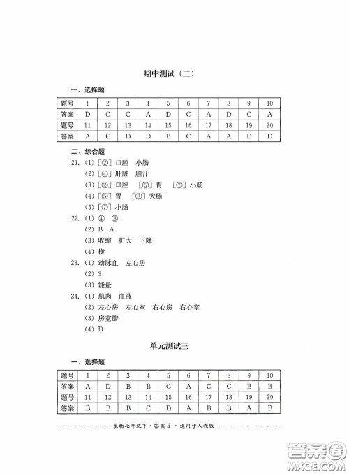 四川教育出版社2020课程标准初中单元测试生物七年级下册人教版答案