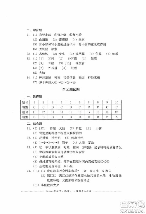 四川教育出版社2020课程标准初中单元测试生物七年级下册人教版答案