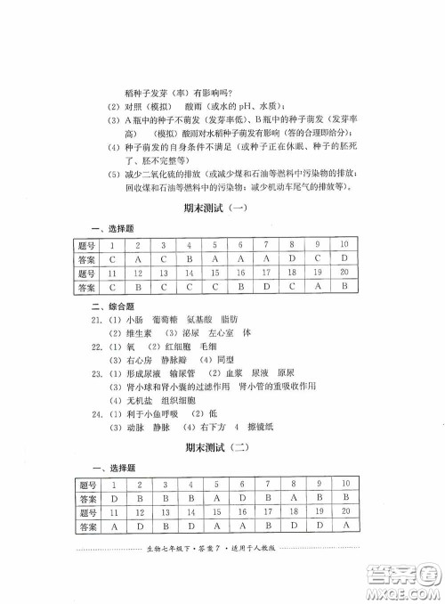 四川教育出版社2020课程标准初中单元测试生物七年级下册人教版答案