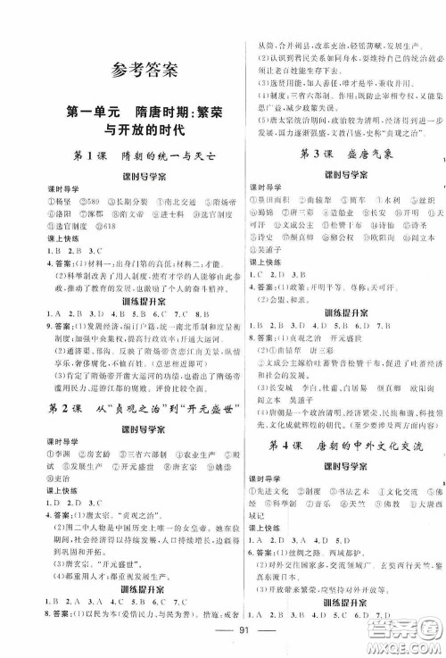 2020赢在起跑线上夺冠百分百新导学课时练七年级历史下册人教版答案