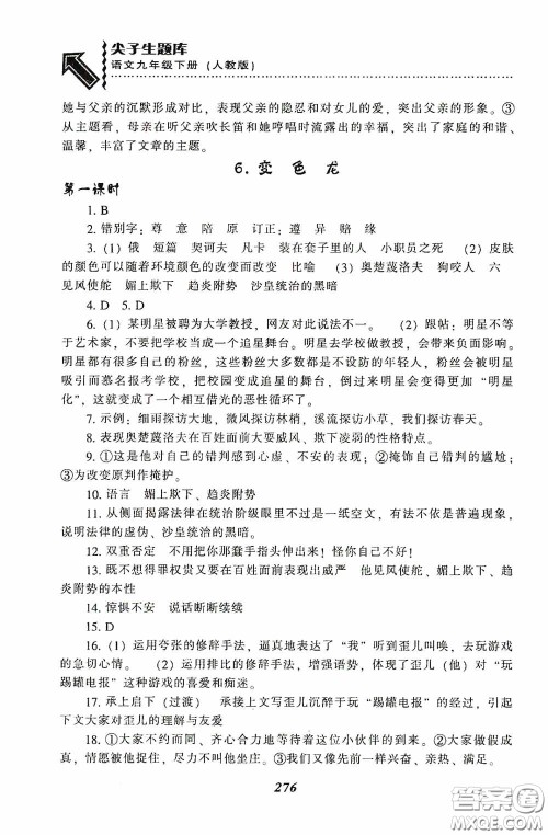 辽宁教育出版社2020尖子生题库最新升级九年级语文下册人教版答案