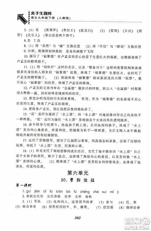 辽宁教育出版社2020尖子生题库最新升级九年级语文下册人教版答案
