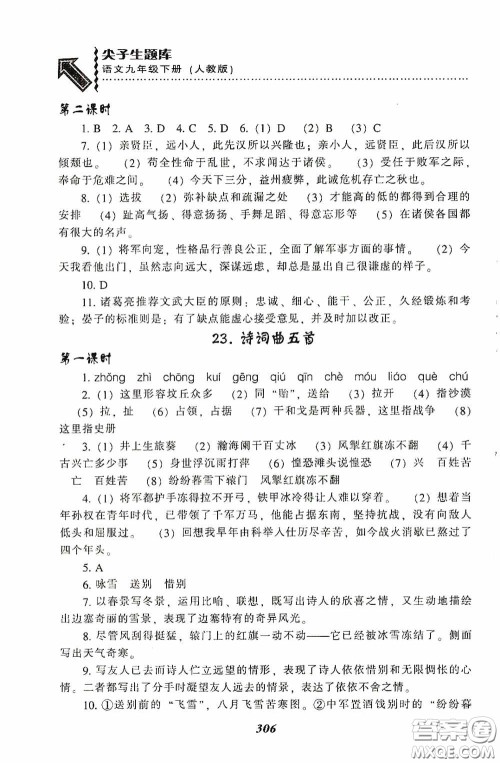 辽宁教育出版社2020尖子生题库最新升级九年级语文下册人教版答案