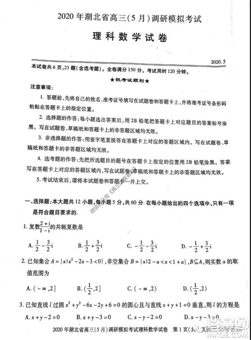 2020年湖北省高三5月调研模拟考试理科数学试题及答案