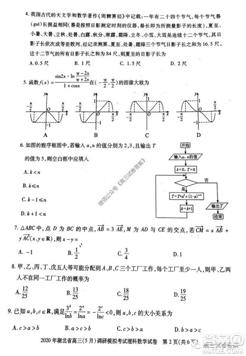 2020年湖北省高三5月调研模拟考试理科数学试题及答案