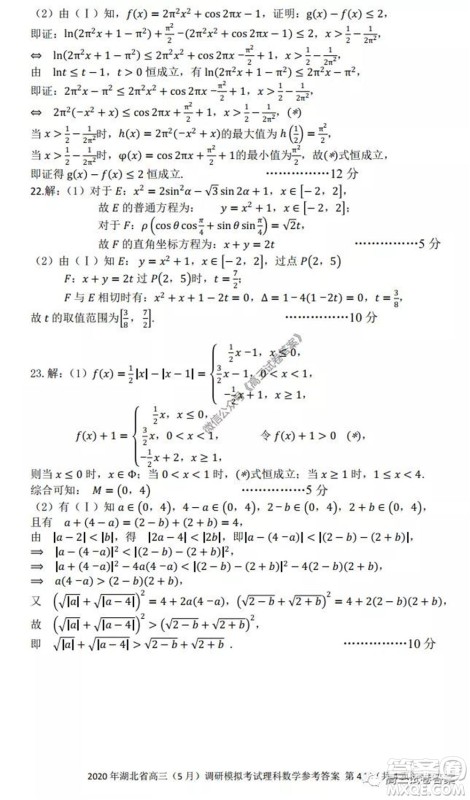 2020年湖北省高三5月调研模拟考试理科数学试题及答案