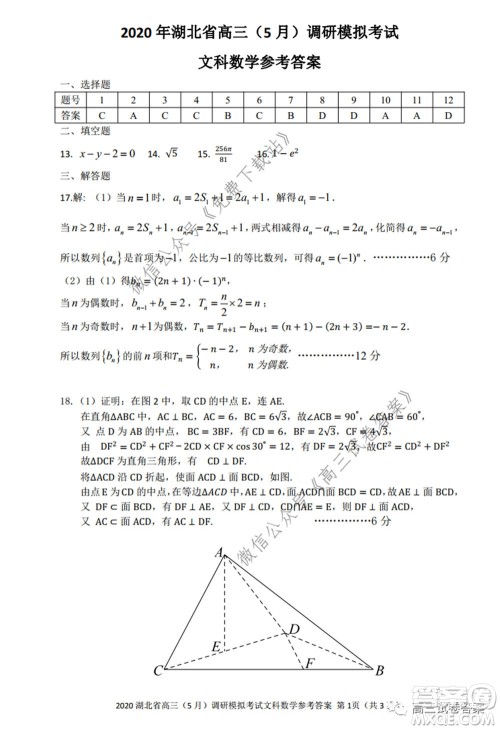 2020年湖北省高三5月调研模拟考试文科数学试题及答案