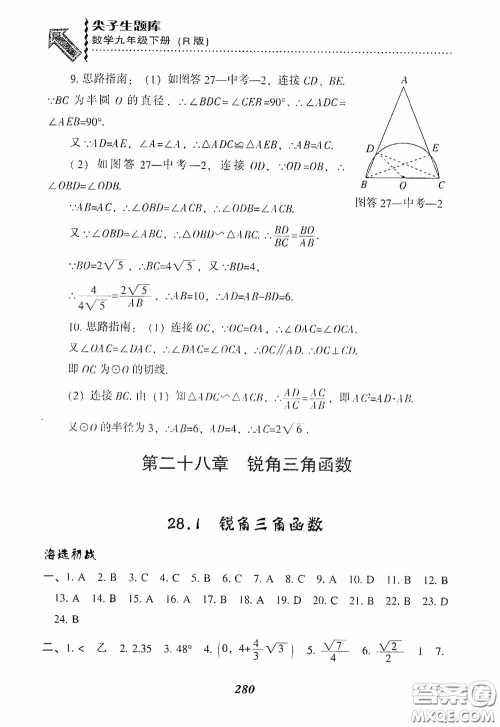 辽宁教育出版社2020尖子生题库九年级数学下册人教版答案