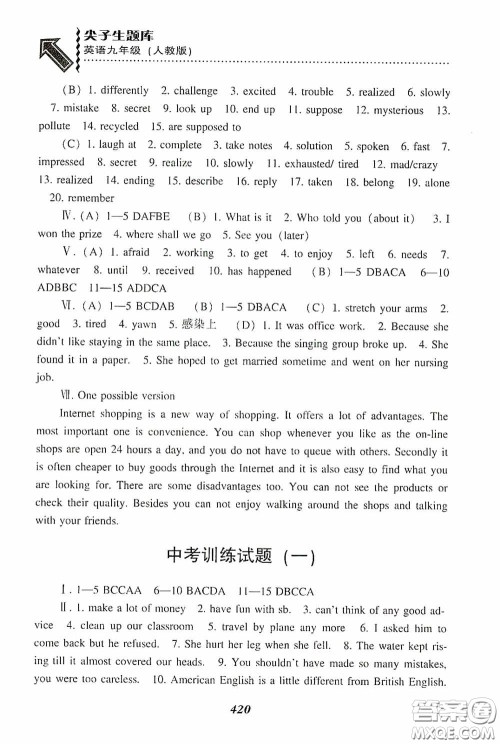 辽宁教育出版社2020尖子生题库九年级英语下册人教版答案