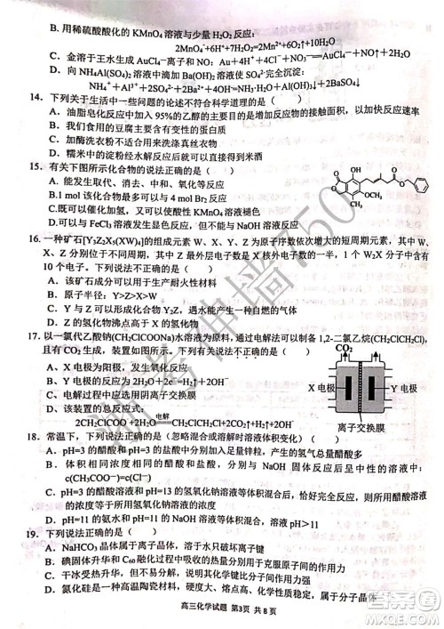 2019学年第二学期浙江七彩阳光新高考研究联盟阶段性评估高三化学试题及答案