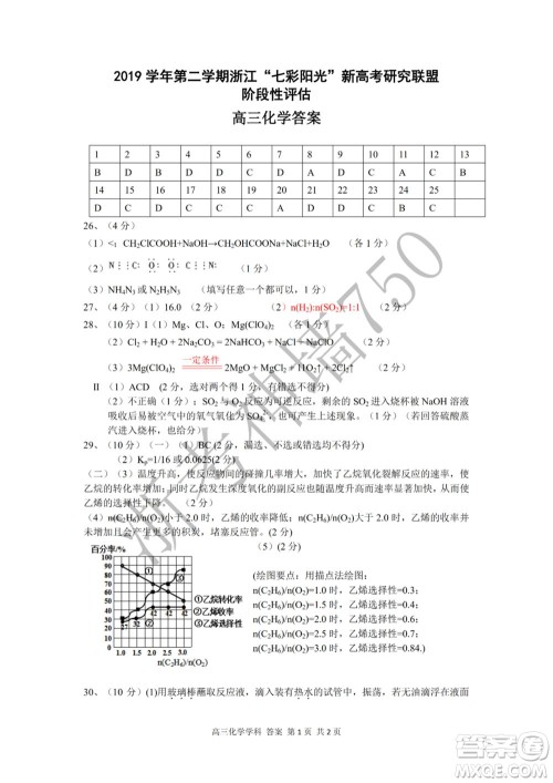 2019学年第二学期浙江七彩阳光新高考研究联盟阶段性评估高三化学试题及答案