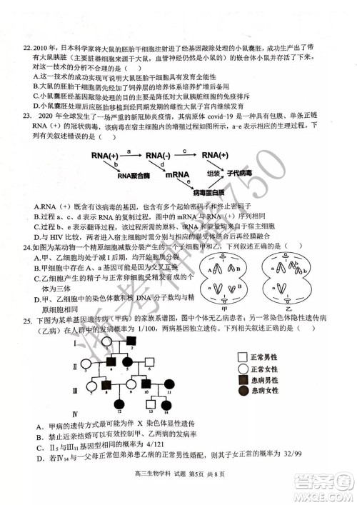 2019学年第二学期浙江七彩阳光新高考研究联盟阶段性评估高三生物试题及答案