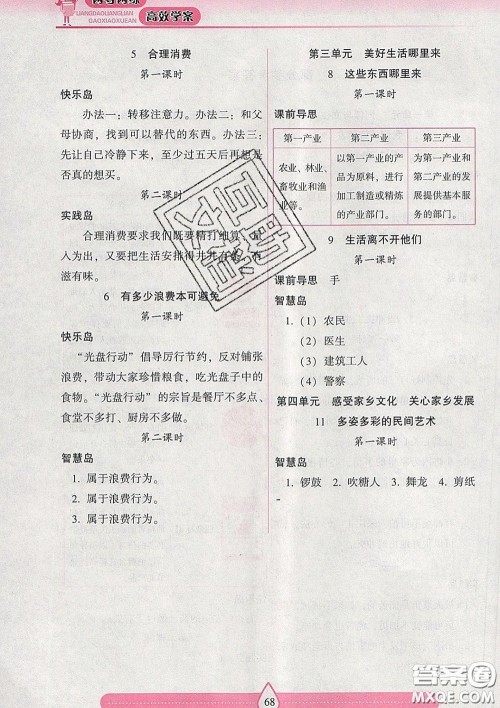 2020新版两导两练高效学案四年级道德与法治下册人教版答案