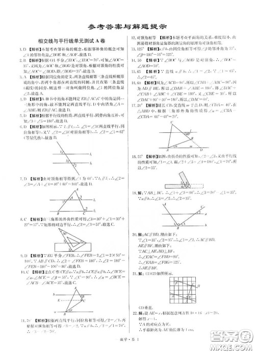 西藏人民出版社2020天利38套对接中考单元专题双测卷七年级数学下册人教版答案