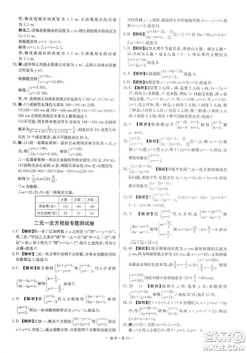 西藏人民出版社2020天利38套对接中考单元专题双测卷七年级数学下册人教版答案