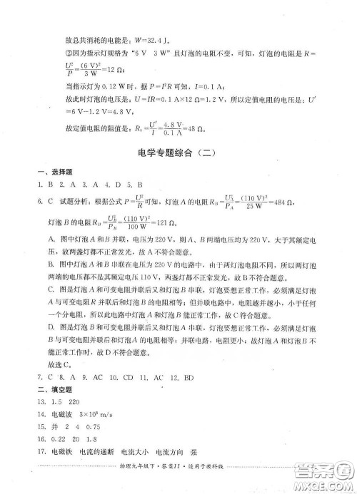 四川教育出版社2020课程标准初中单元测试物理九年级下册教科版答案