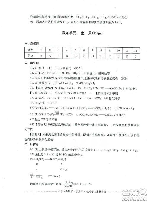 四川教育出版社2020课程标准初中单元测试九年级化学下册山东教育版答案