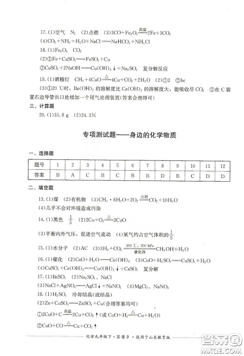 四川教育出版社2020课程标准初中单元测试九年级化学下册山东教育版答案