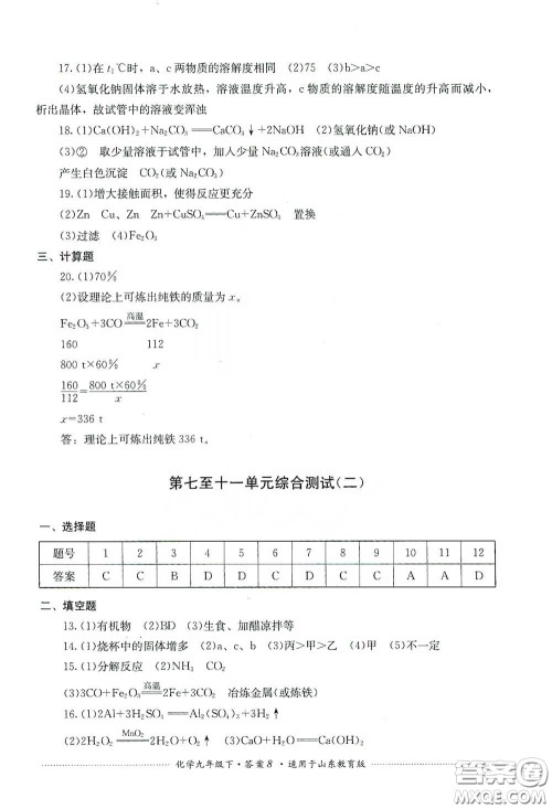 四川教育出版社2020课程标准初中单元测试九年级化学下册山东教育版答案