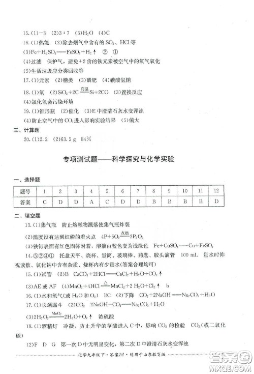 四川教育出版社2020课程标准初中单元测试九年级化学下册山东教育版答案