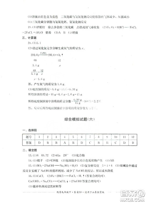 四川教育出版社2020课程标准初中单元测试九年级化学下册山东教育版答案