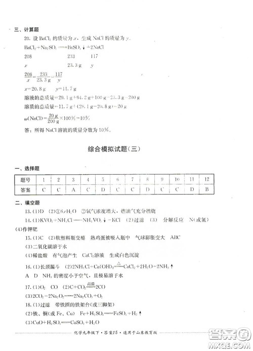 四川教育出版社2020课程标准初中单元测试九年级化学下册山东教育版答案