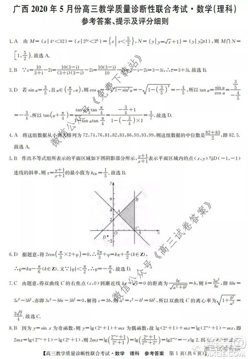 广西2020年5月份高三教学质量诊断性联合考试理科数学试题及答案 广西2020年5月份高三教学质量诊断性联合考试理科数学试题及答案