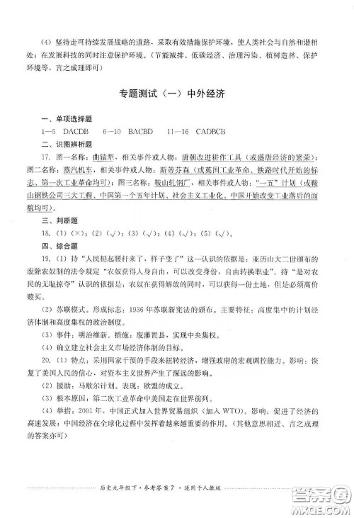 四川教育出版社2020课程标准初中单元测试历史九年级下册人教版答案