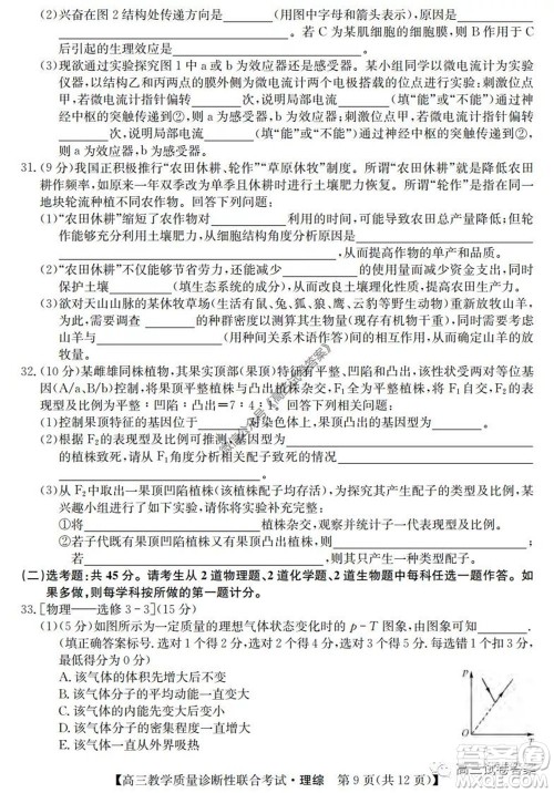 广西2020年5月份高三教学质量诊断性联合考试理科综合试题及答案