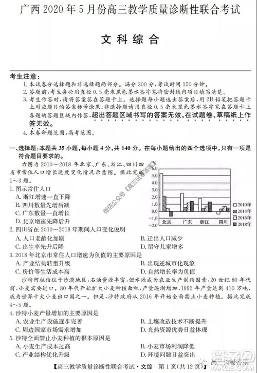 广西2020年5月份高三教学质量诊断性联合考试文科综合试题及答案 广西2020年5月份高三教学质量诊断性联合考试文科综合试题及答案
