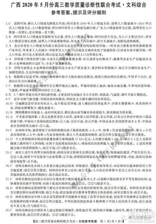 广西2020年5月份高三教学质量诊断性联合考试文科综合试题及答案 广西2020年5月份高三教学质量诊断性联合考试文科综合试题及答案