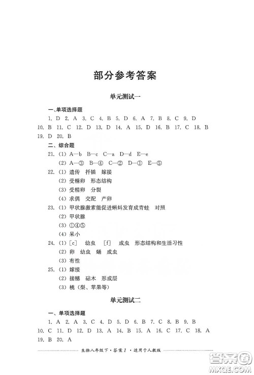 四川教育出版社2020课程标准初中单元测试八年级生物下册人教版答案