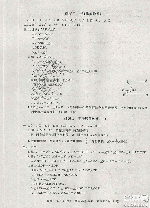 2020新版新课标形成性练习与检测七年级数学下册人教版答案