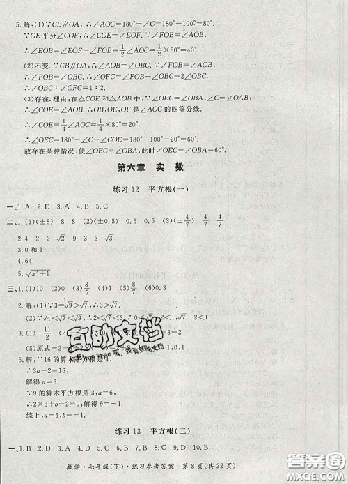 2020新版新课标形成性练习与检测七年级数学下册人教版答案