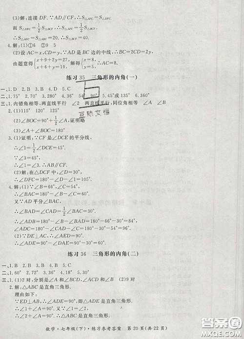 2020新版新课标形成性练习与检测七年级数学下册人教版答案