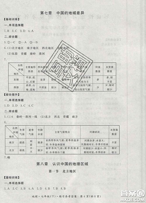 2020新版新课标形成性练习与检测七年级地理下册人教版答案