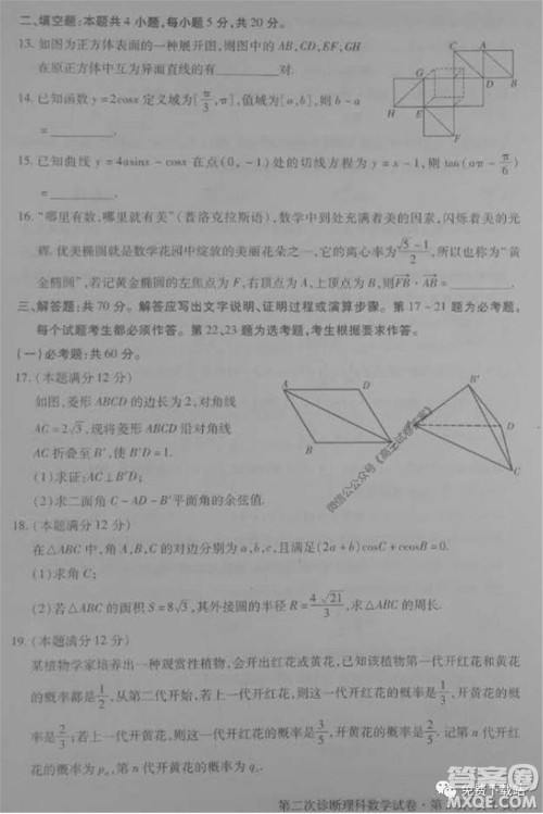 2020年甘肃省第二次高考诊断考试理科数学试题及答案