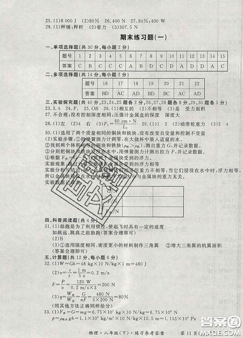 2020新版新课标形成性练习与检测八年级物理下册人教版答案