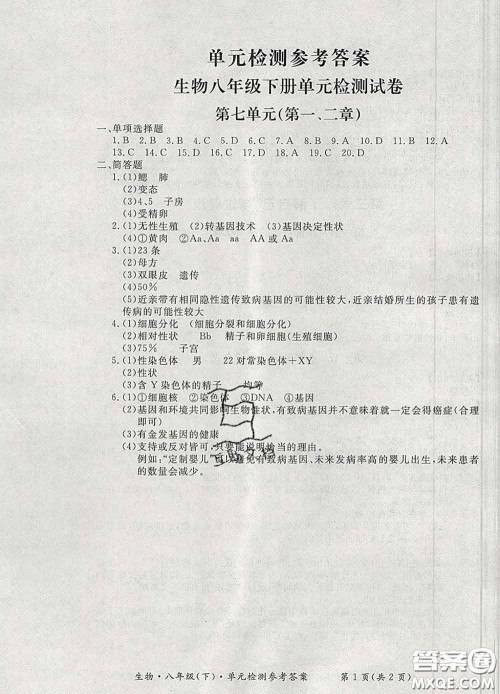 2020新版新课标形成性练习与检测八年级生物下册人教版答案 2020新版新课标形成性练习与检测八年级生物下册人教版答案