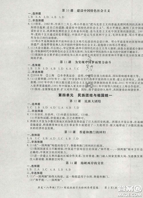 2020新版新课标形成性练习与检测八年级历史下册人教版答案