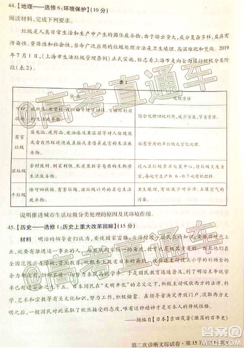 2020年甘肃省第二次高考诊断考试文科综合试题及答案 2020年甘肃省第二次高考诊断考试文科综合试题及答案