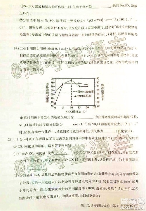 2020年甘肃省第二次高考诊断考试理科综合试题及答案