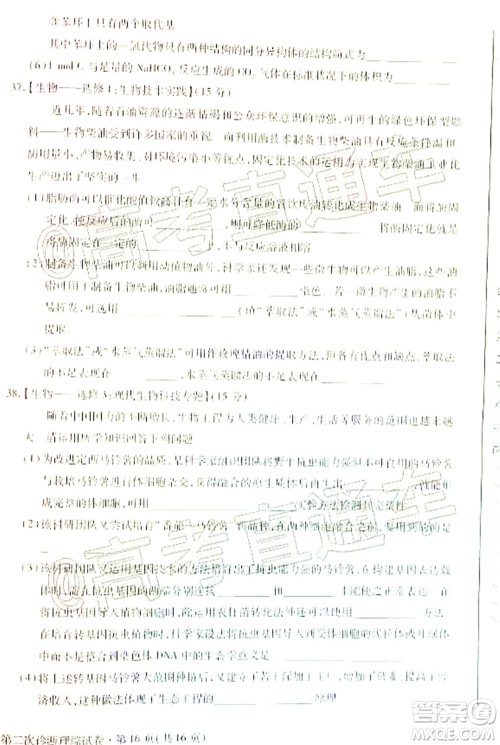 2020年甘肃省第二次高考诊断考试理科综合试题及答案