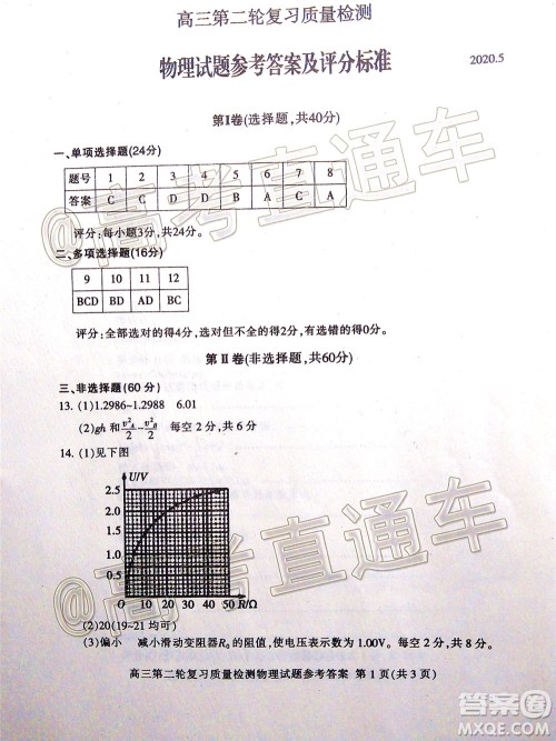 2020年泰安二模高三物理试题及答案